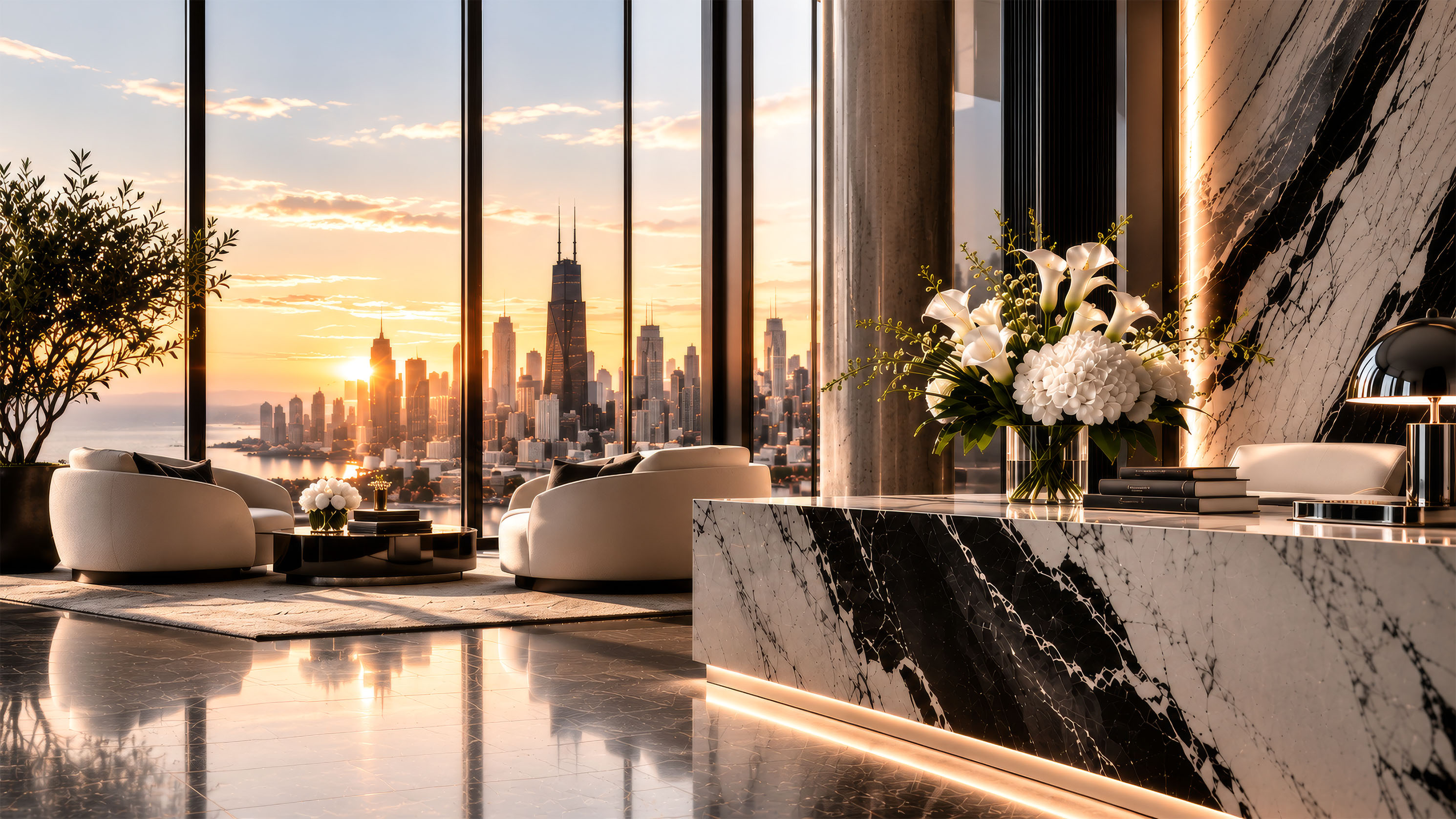 Chicago skyline at sunset beyond an executive reception lounge and marble desk